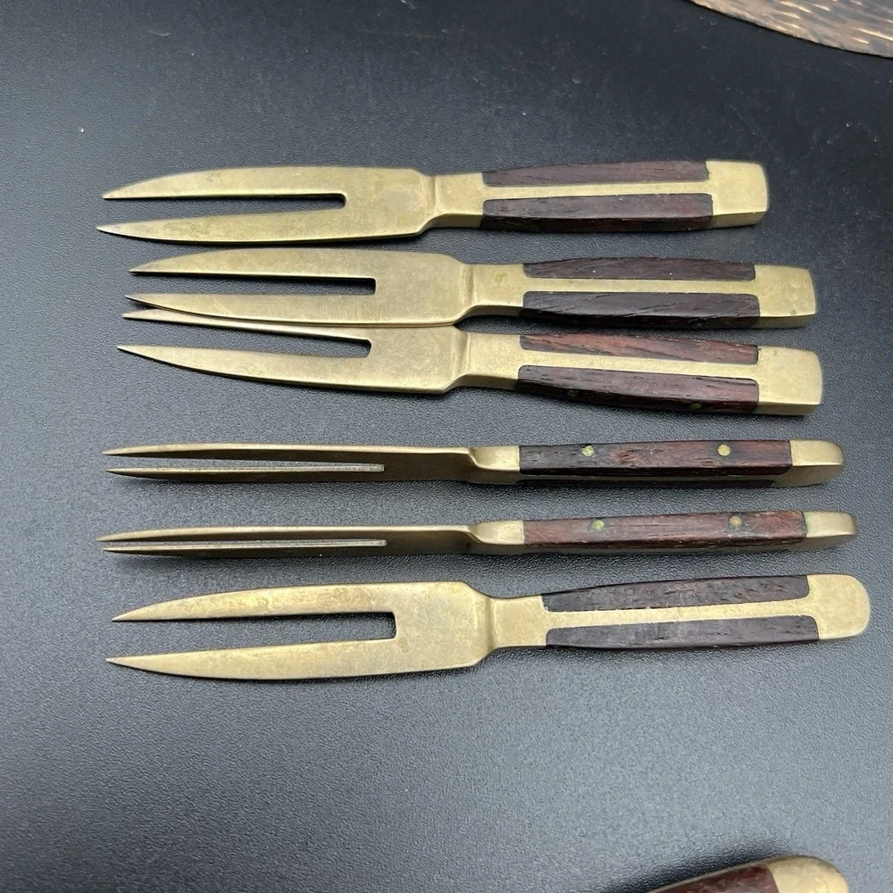 VTG Brass & Wood Demitasse Forks Knives & Spoon -‎ Lot of 10 - Thailand - Unique